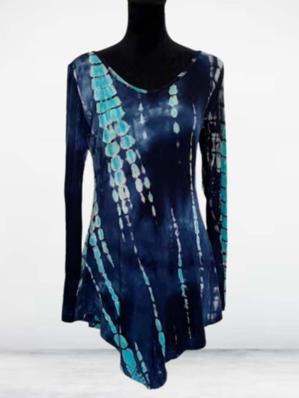 Fitted Tie Dye Tunic Long Sleeve Blue Aqua V-neck Jersey Rayon Asymmetric MED